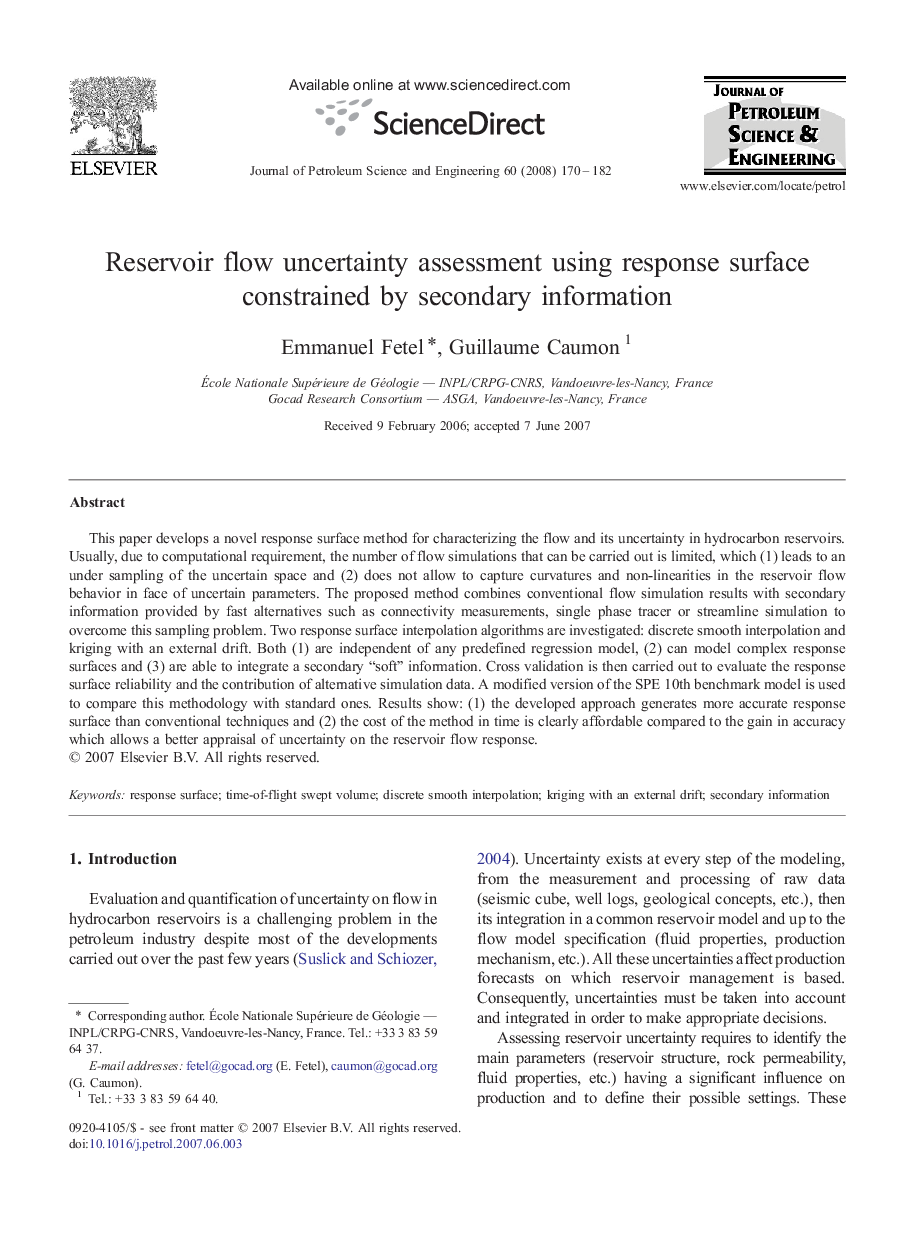 Reservoir flow uncertainty assessment using response surface constrained by secondary information