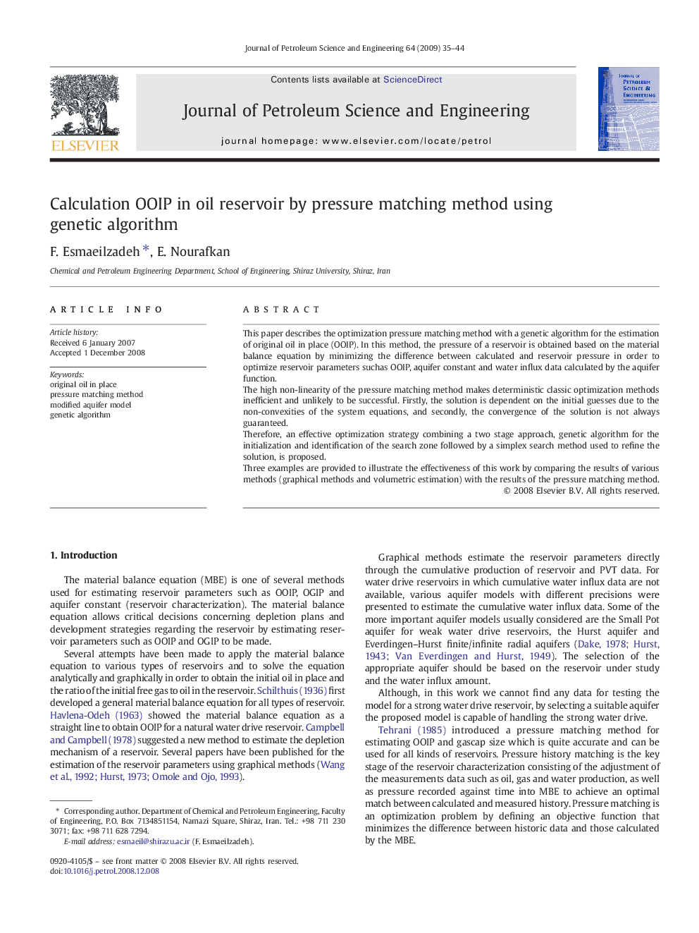 Calculation OOIP in oil reservoir by pressure matching method using genetic algorithm