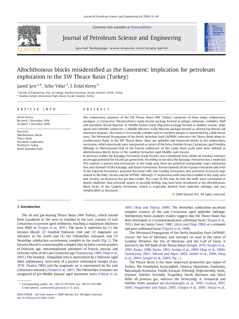 Allochthonous blocks misidentified as the basement: Implication for petroleum exploration in the SW Thrace Basin (Turkey)