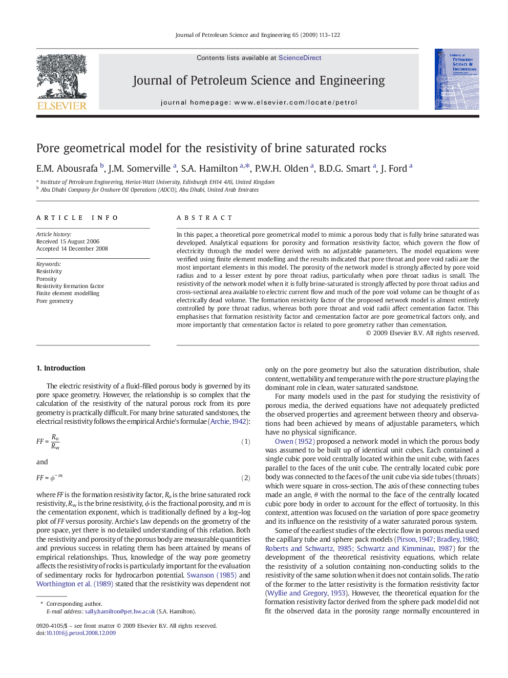 Pore geometrical model for the resistivity of brine saturated rocks