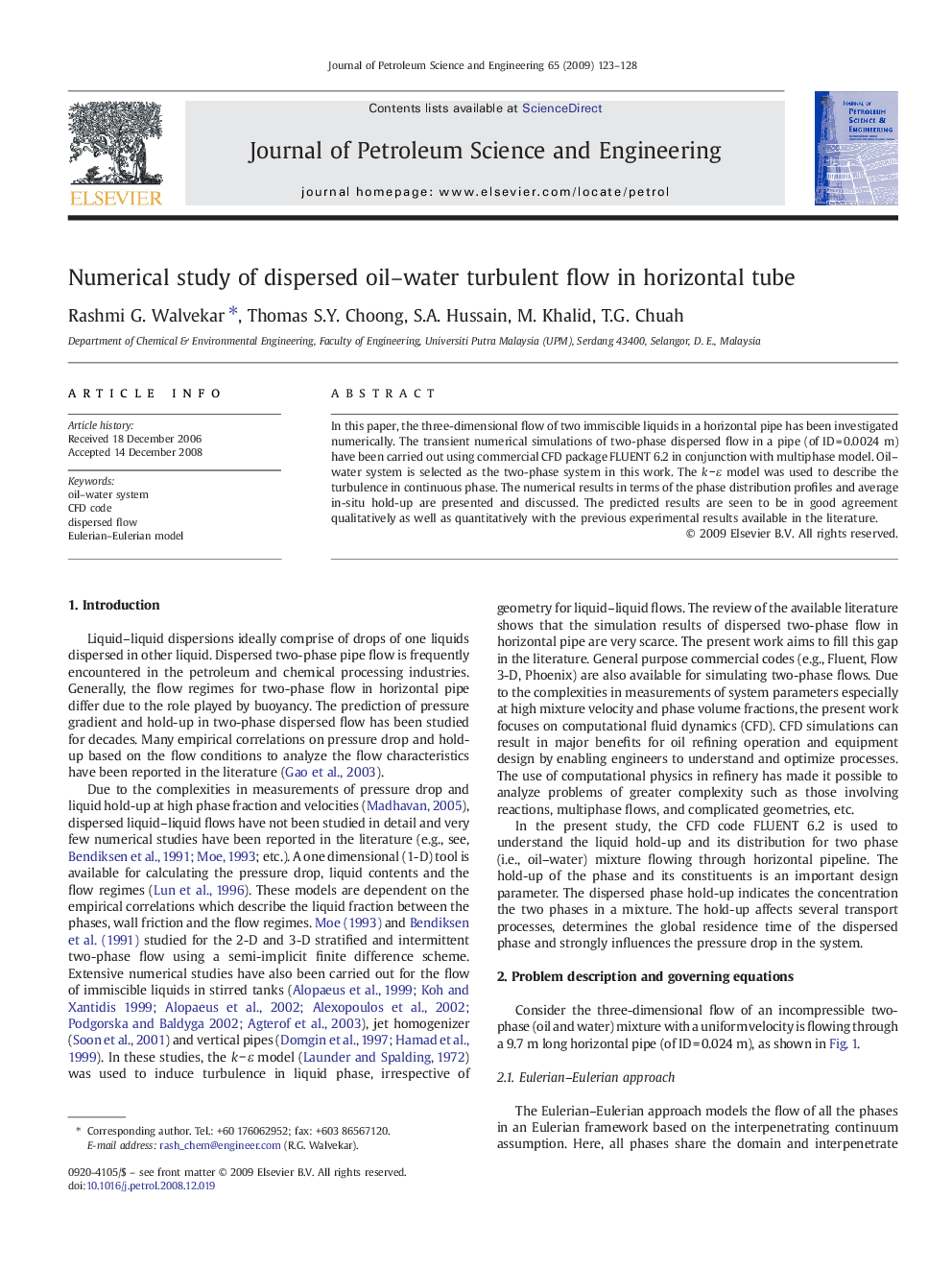 Numerical study of dispersed oil–water turbulent flow in horizontal tube