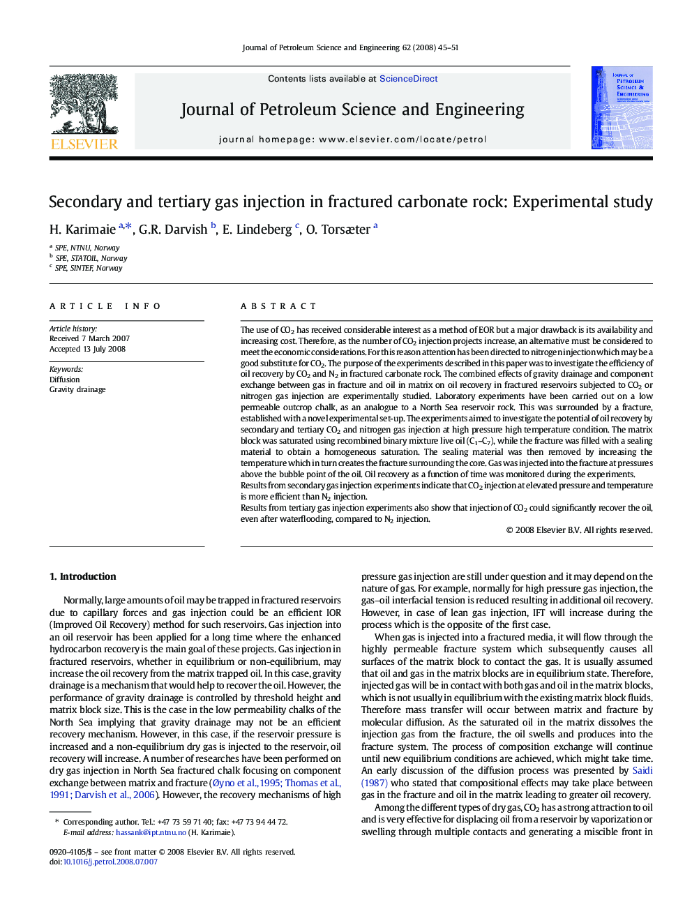 Secondary and tertiary gas injection in fractured carbonate rock: Experimental study