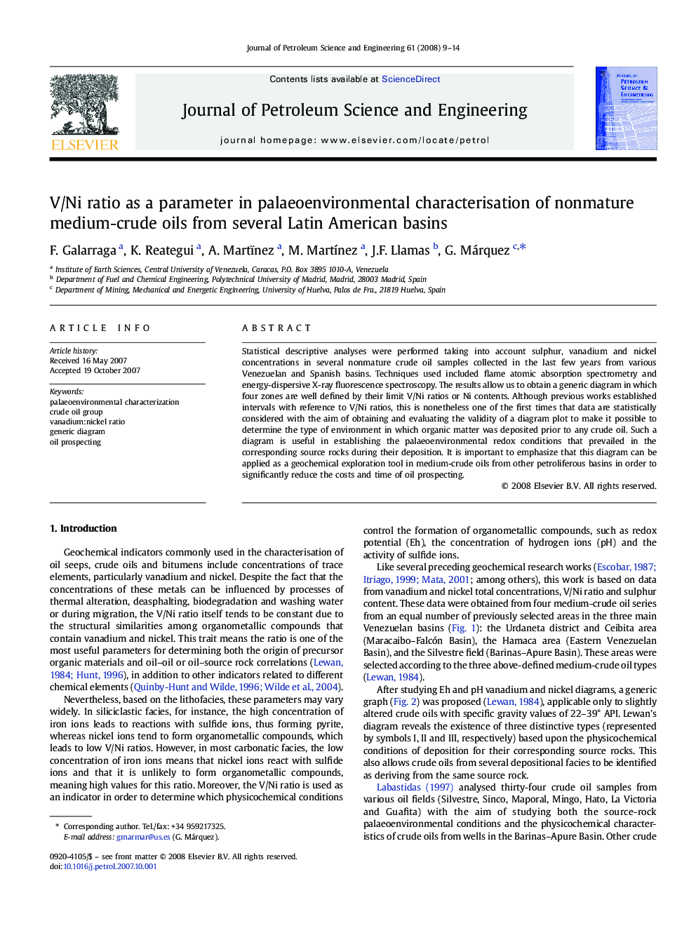 V/Ni ratio as a parameter in palaeoenvironmental characterisation of nonmature medium-crude oils from several Latin American basins