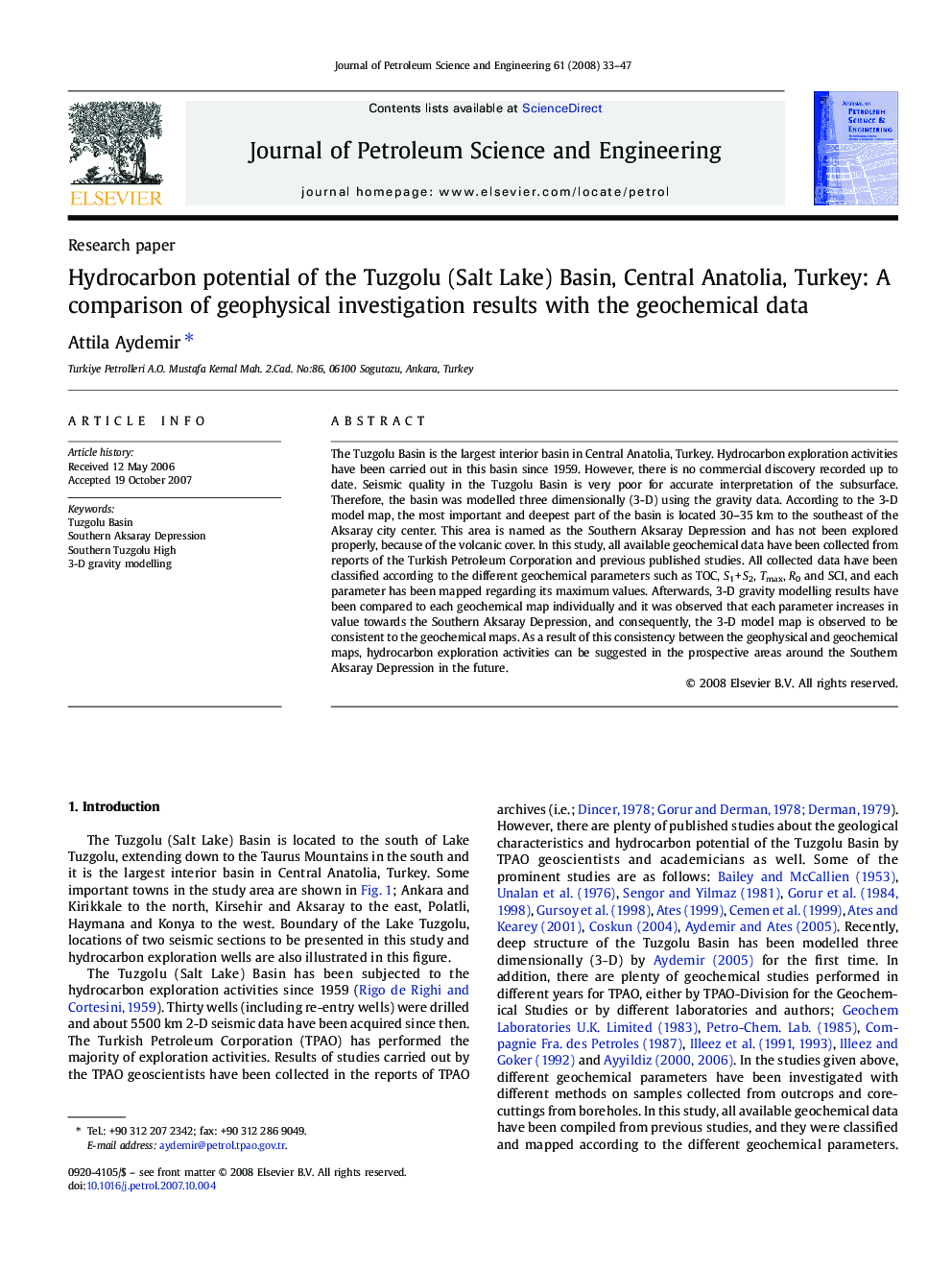 Hydrocarbon potential of the Tuzgolu (Salt Lake) Basin, Central Anatolia, Turkey: A comparison of geophysical investigation results with the geochemical data