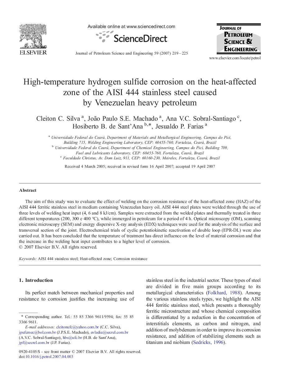 High-temperature hydrogen sulfide corrosion on the heat-affected zone of the AISI 444 stainless steel caused by Venezuelan heavy petroleum