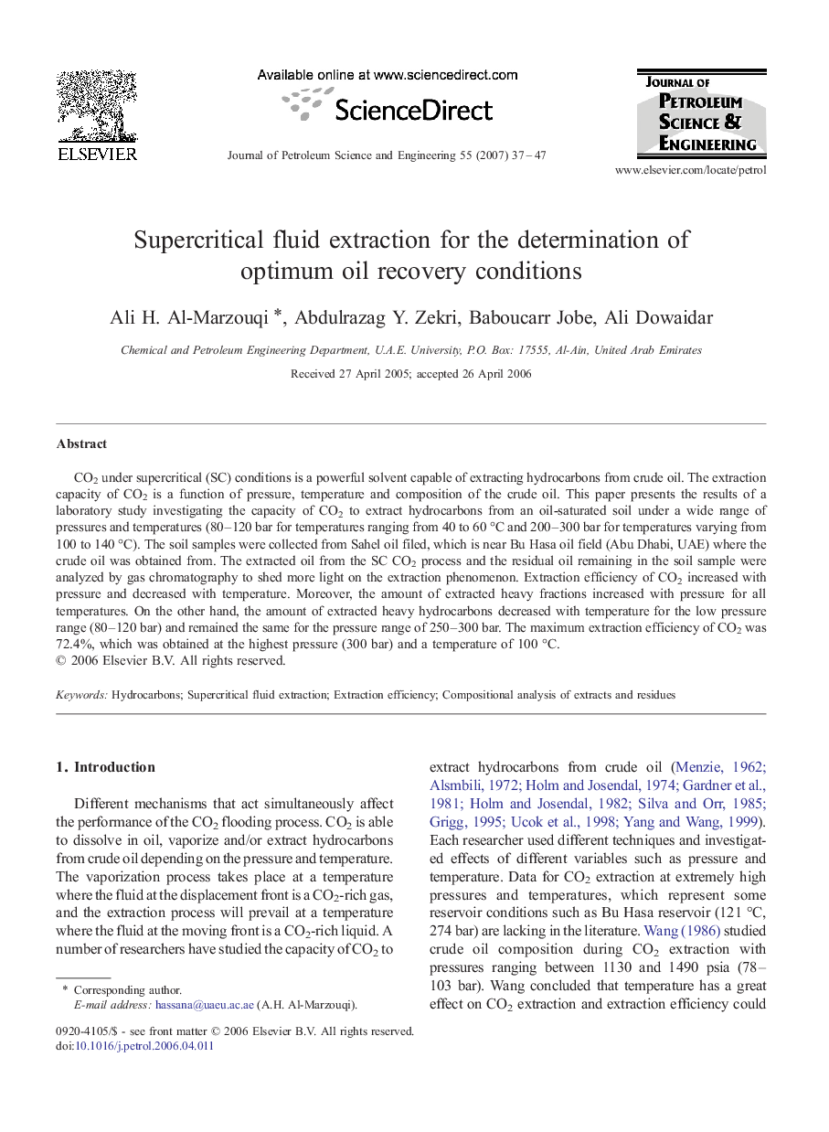 Supercritical fluid extraction for the determination of optimum oil recovery conditions