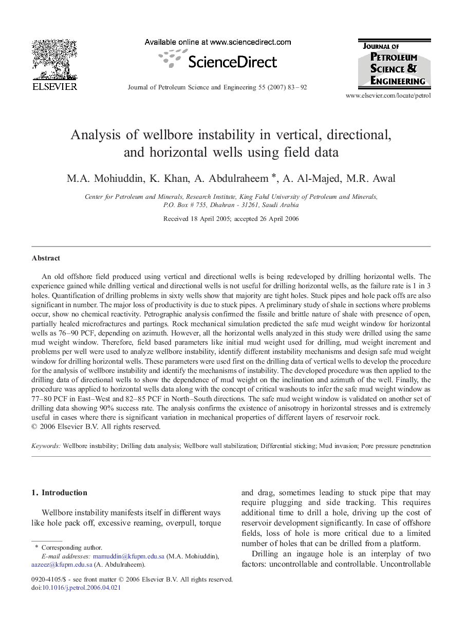 Analysis of wellbore instability in vertical, directional, and horizontal wells using field data