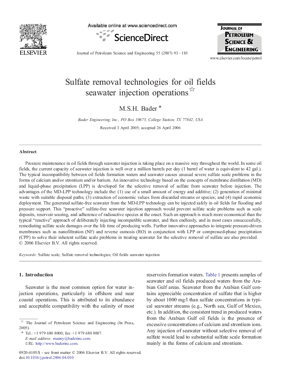 Sulfate removal technologies for oil fields seawater injection operations 