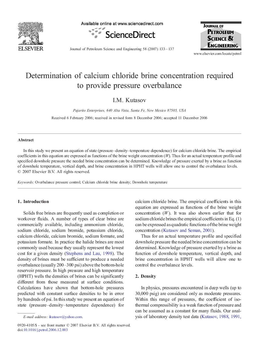 Determination of calcium chloride brine concentration required to provide pressure overbalance