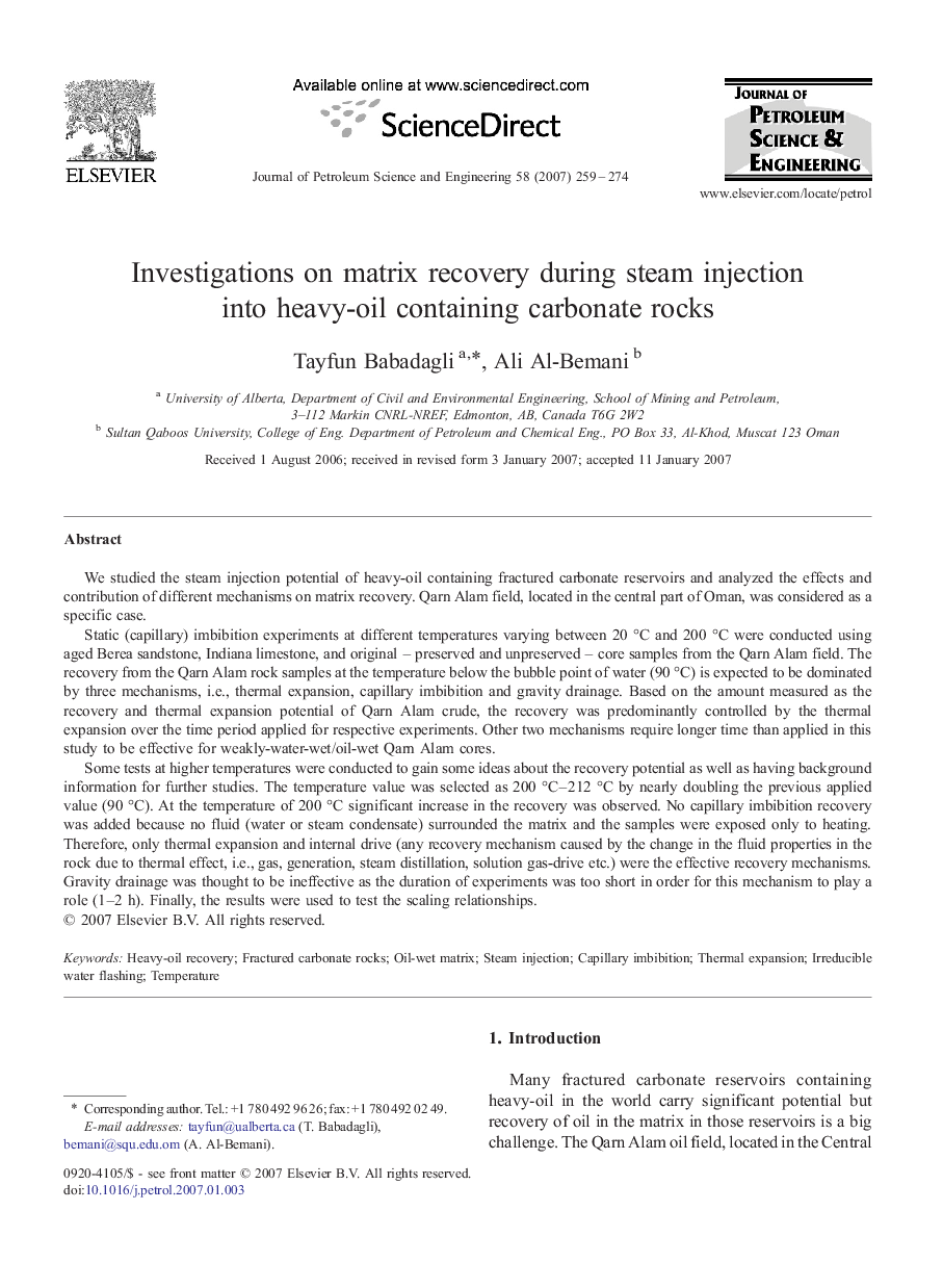 Investigations on matrix recovery during steam injection into heavy-oil containing carbonate rocks