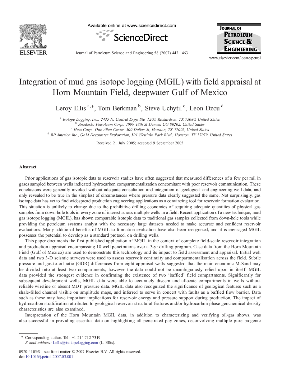 عکس صفحه اول مقاله: Integration of mud gas isotope logging (MGIL) with field appraisal at Horn Mountain Field, deepwater Gulf of Mexico Integration of mud gas isotope logging (MGIL) with field appraisal at Horn Mountain Field, deepwater Gulf of Mexico