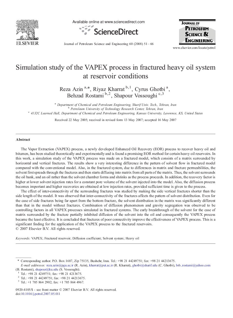 Simulation study of the VAPEX process in fractured heavy oil system at reservoir conditions