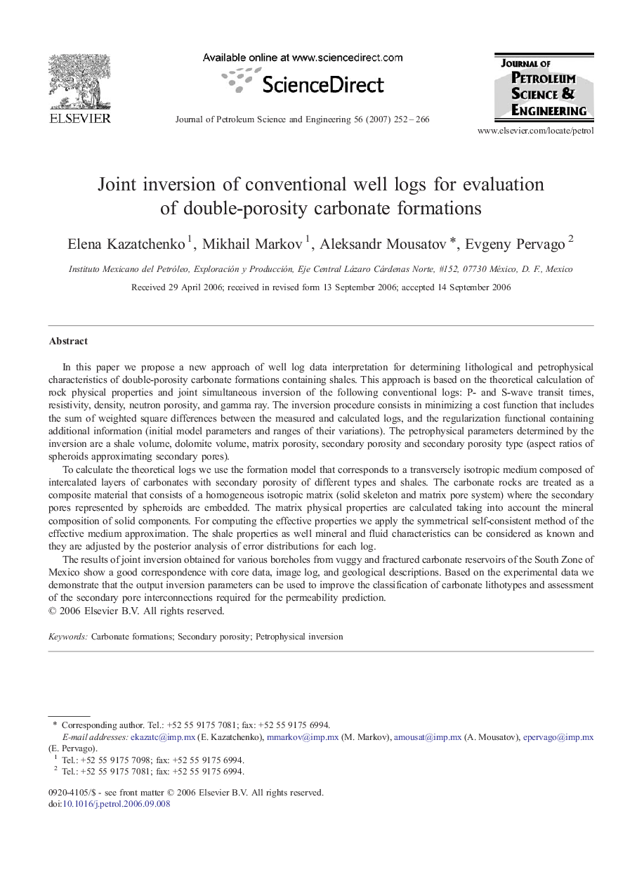 Joint inversion of conventional well logs for evaluation of double-porosity carbonate formations