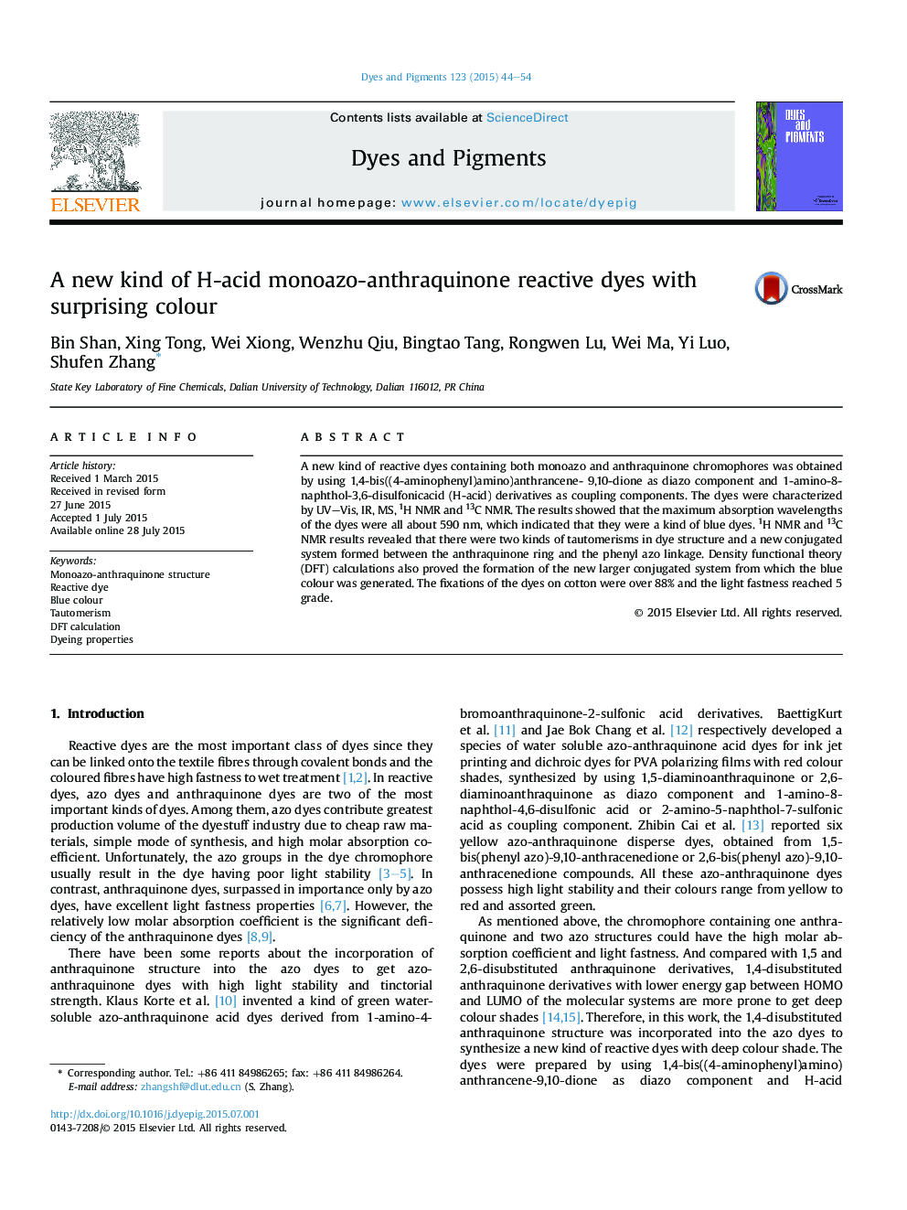 A new kind of H-acid monoazo-anthraquinone reactive dyes with surprising colour