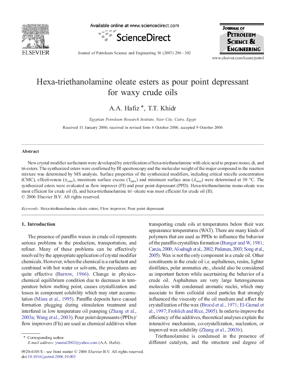 Hexa-triethanolamine oleate esters as pour point depressant for waxy crude oils