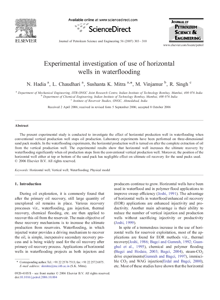 Experimental investigation of use of horizontal wells in waterflooding