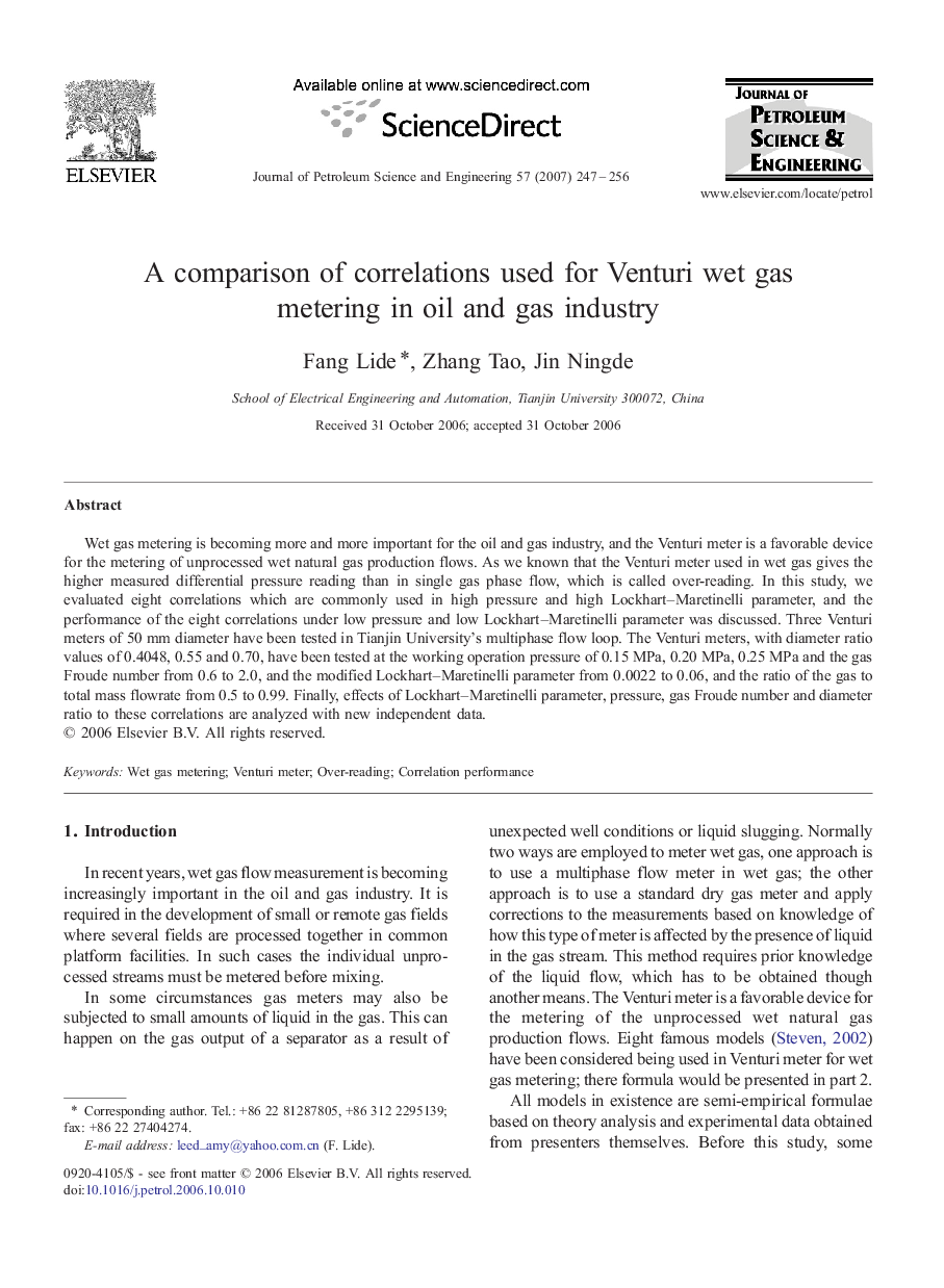 A comparison of correlations used for Venturi wet gas metering in oil and gas industry