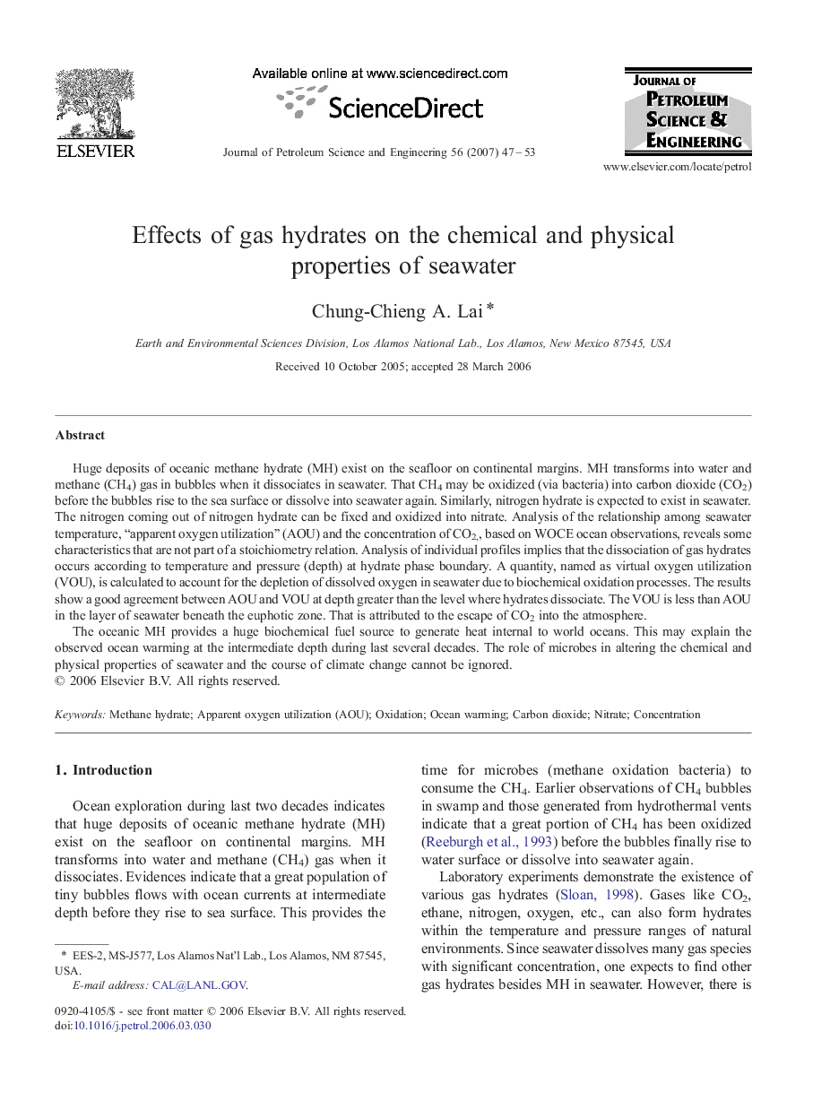 Effects of gas hydrates on the chemical and physical properties of seawater