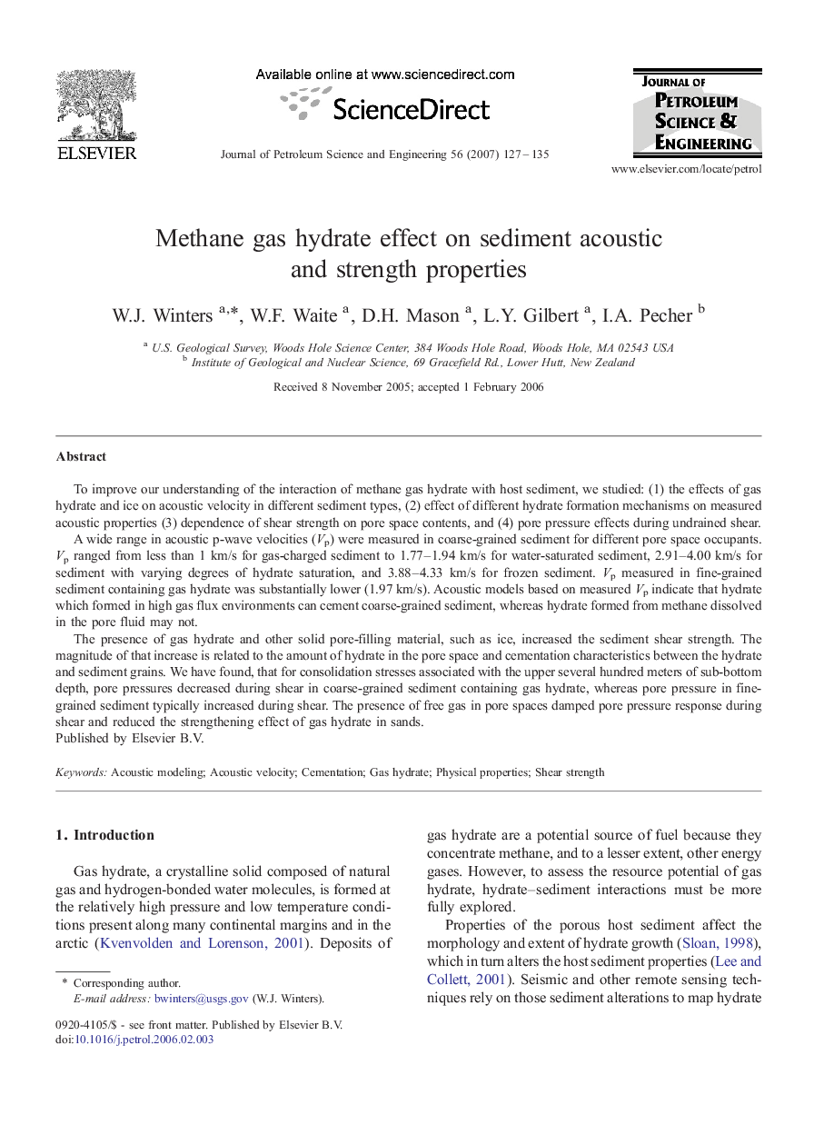 Methane gas hydrate effect on sediment acoustic and strength properties