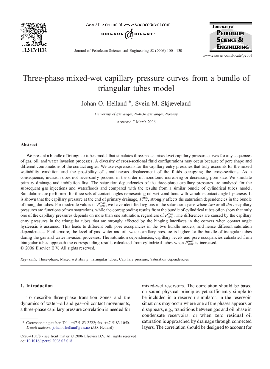 Three-phase mixed-wet capillary pressure curves from a bundle of triangular tubes model