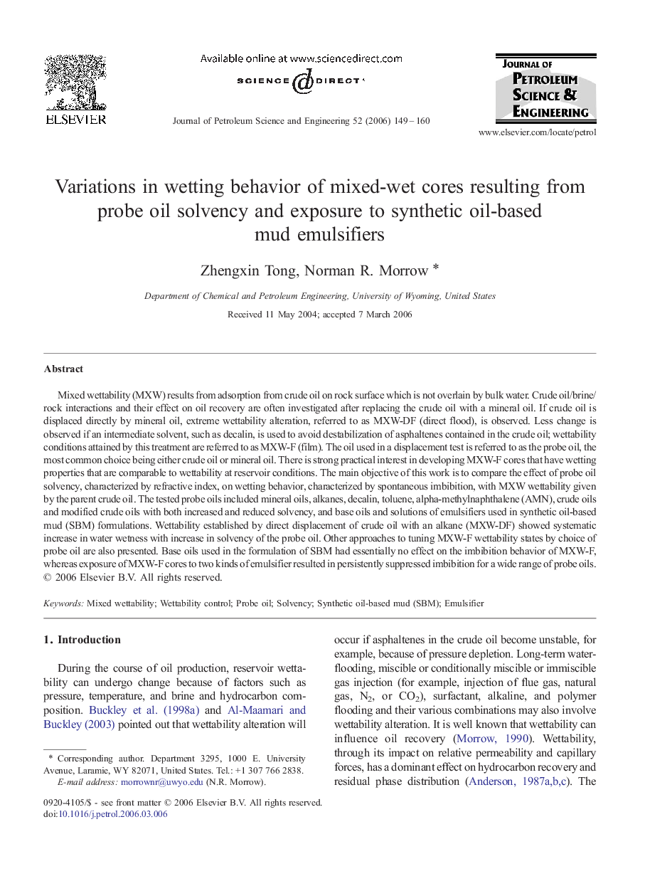 Variations in wetting behavior of mixed-wet cores resulting from probe oil solvency and exposure to synthetic oil-based mud emulsifiers