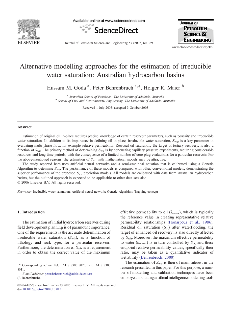 Alternative modelling approaches for the estimation of irreducible water saturation: Australian hydrocarbon basins