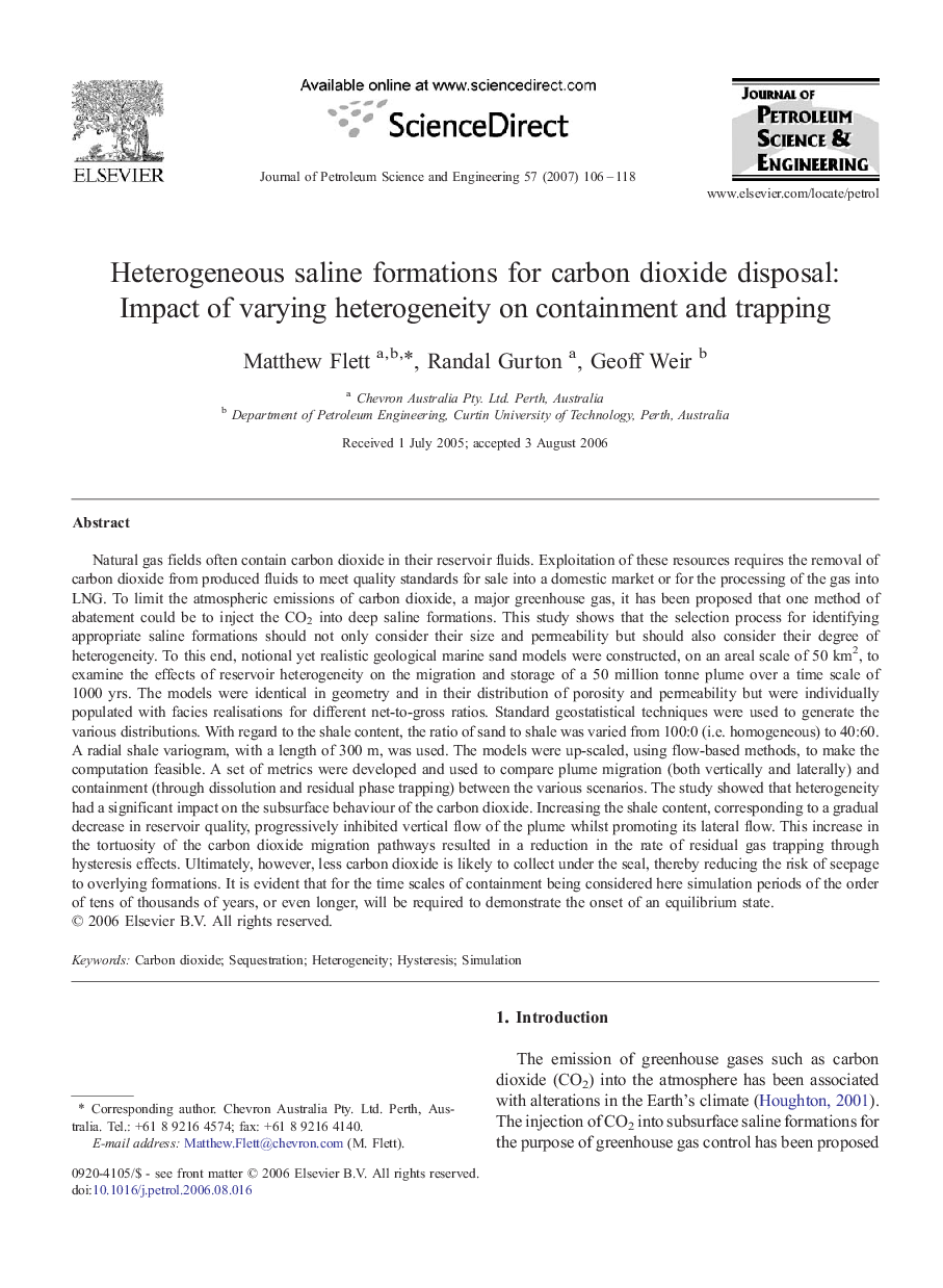 Heterogeneous saline formations for carbon dioxide disposal: Impact of varying heterogeneity on containment and trapping