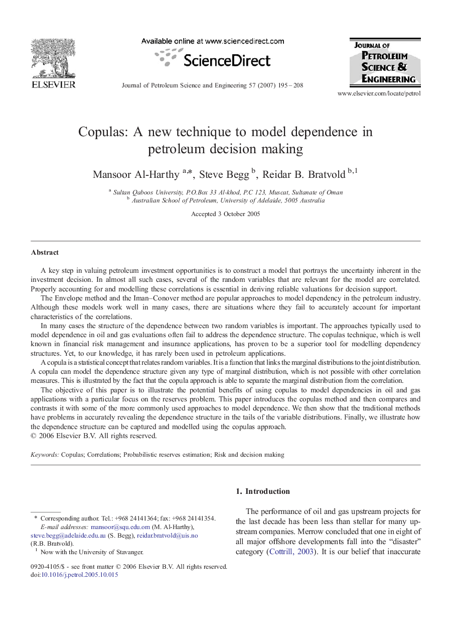 Copulas: A new technique to model dependence in petroleum decision making