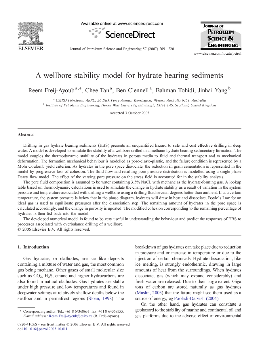 A wellbore stability model for hydrate bearing sediments