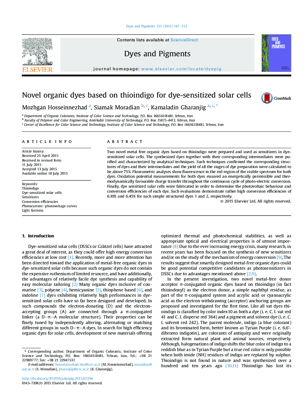 Novel organic dyes based on thioindigo for dye-sensitized solar cells