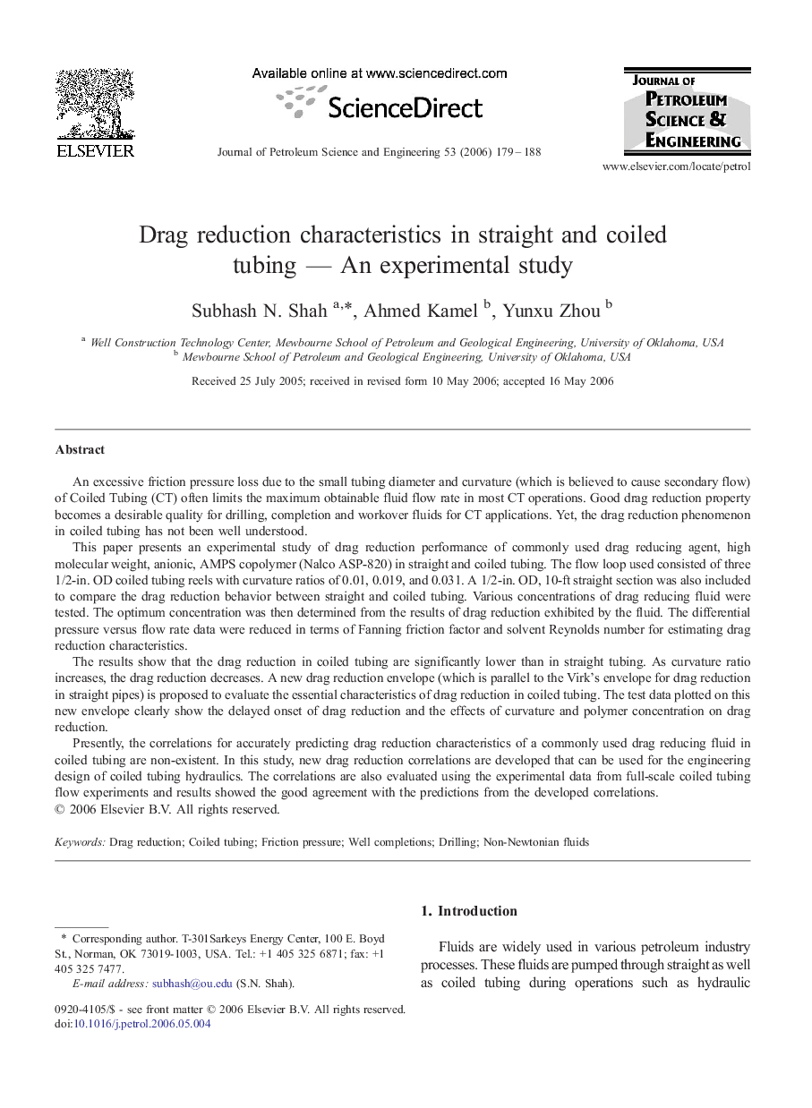 Drag reduction characteristics in straight and coiled tubing — An experimental study