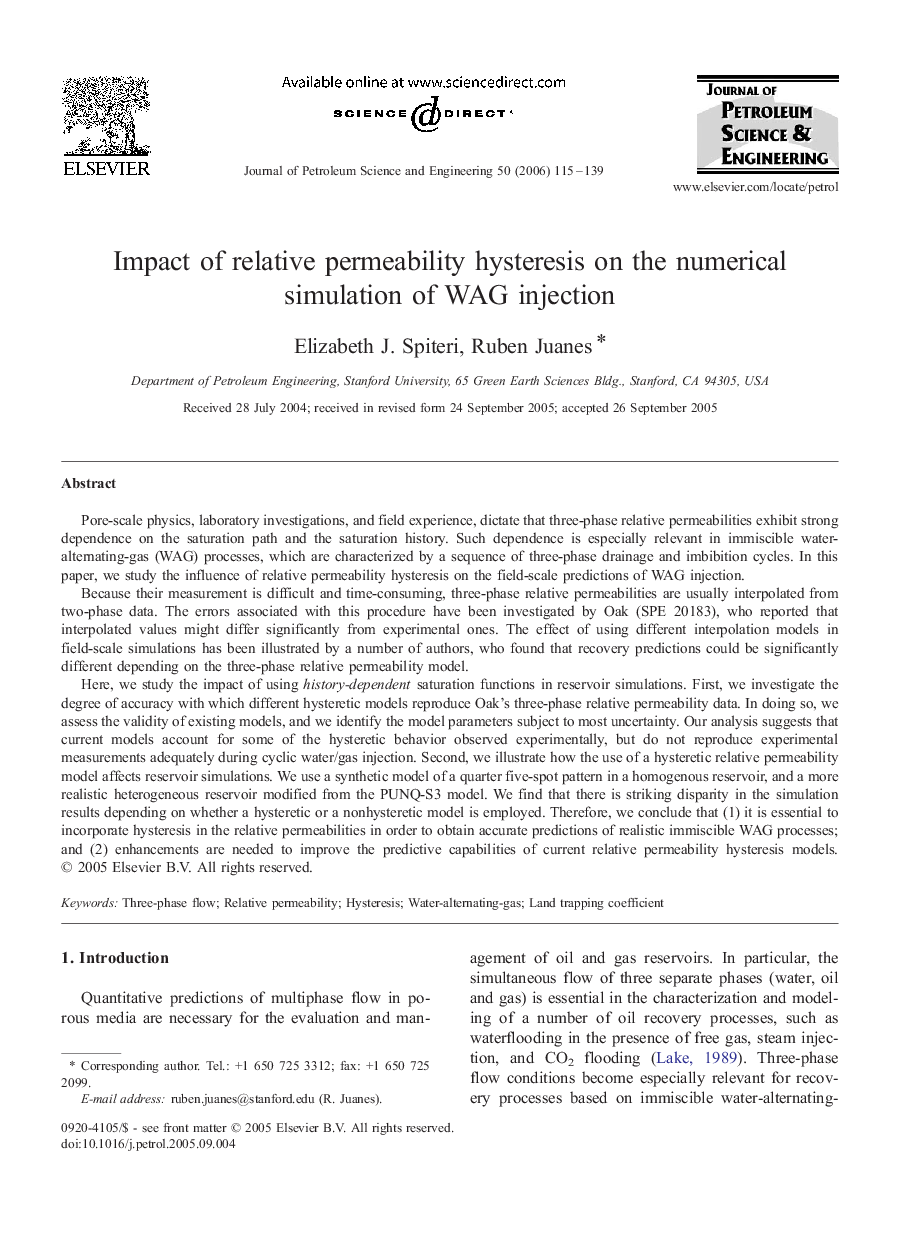 Impact of relative permeability hysteresis on the numerical simulation of WAG injection