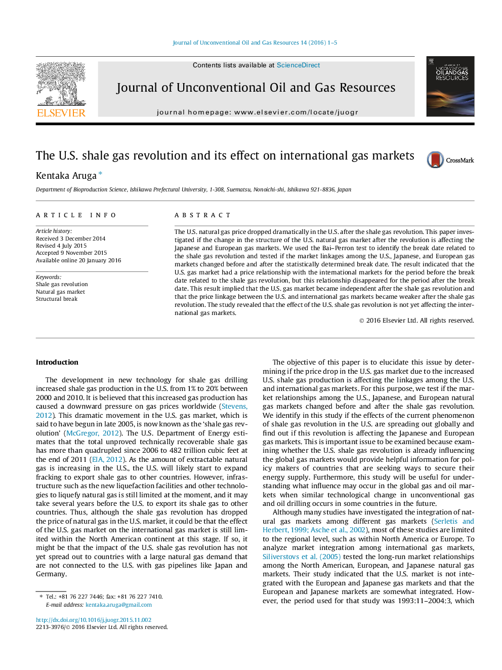 The U.S. shale gas revolution and its effect on international gas markets