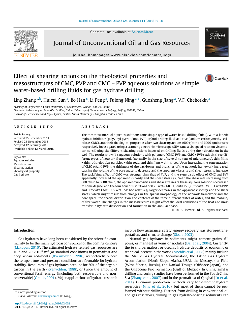 Effect of shearing actions on the rheological properties and mesostructures of CMC, PVP and CMCÂ +Â PVP aqueous solutions as simple water-based drilling fluids for gas hydrate drilling