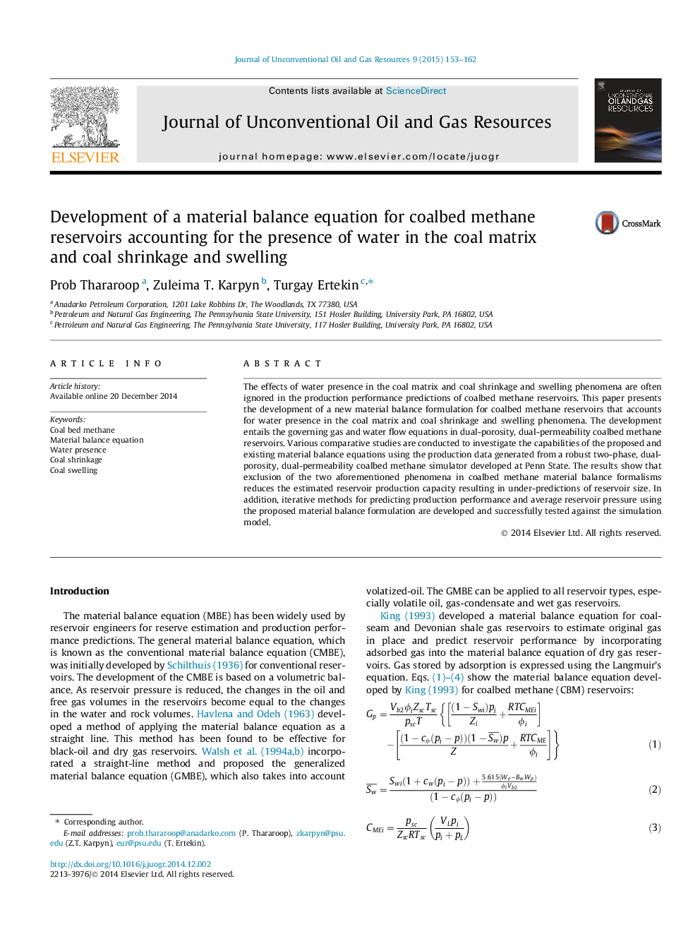 Development of a material balance equation for coalbed methane reservoirs accounting for the presence of water in the coal matrix and coal shrinkage and swelling