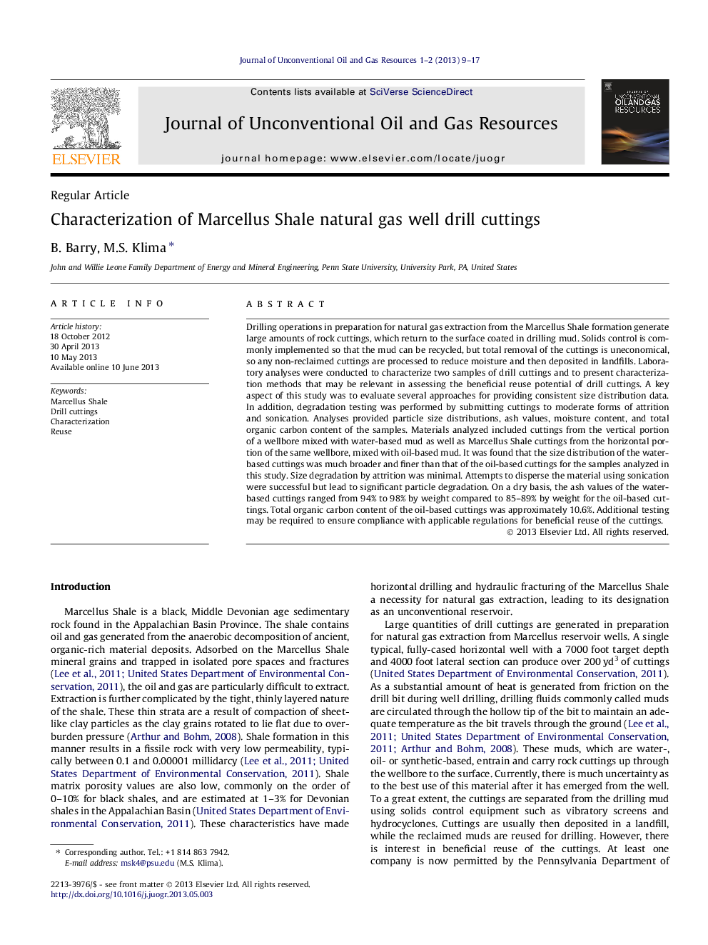 Characterization of Marcellus Shale natural gas well drill cuttings