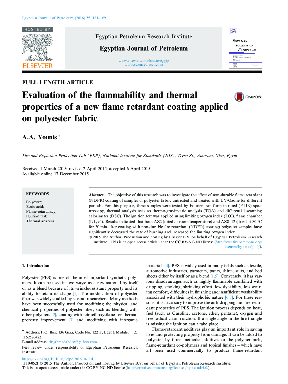 Evaluation of the flammability and thermal properties of a new flame retardant coating applied on polyester fabric 