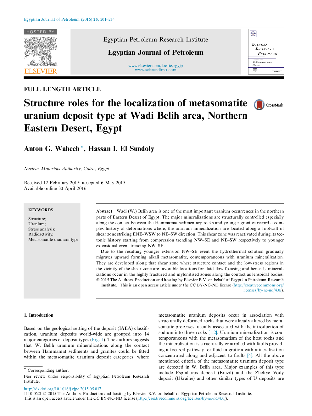 Structure roles for the localization of metasomatite uranium deposit type at Wadi Belih area, Northern Eastern Desert, Egypt