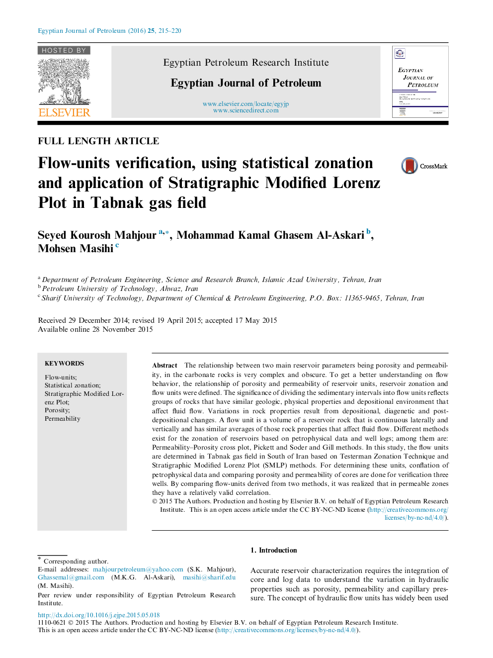 Flow-units verification, using statistical zonation and application of Stratigraphic Modified Lorenz Plot in Tabnak gas field 