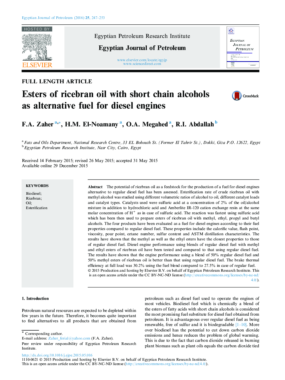 Esters of ricebran oil with short chain alcohols as alternative fuel for diesel engines 