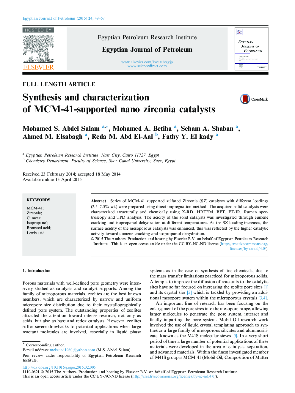 Synthesis and characterization of MCM-41-supported nano zirconia catalysts