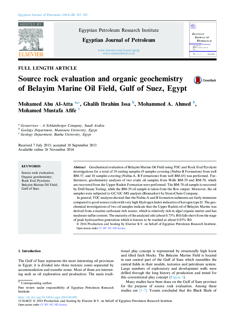 Source rock evaluation and organic geochemistry of Belayim Marine Oil Field, Gulf of Suez, Egypt 