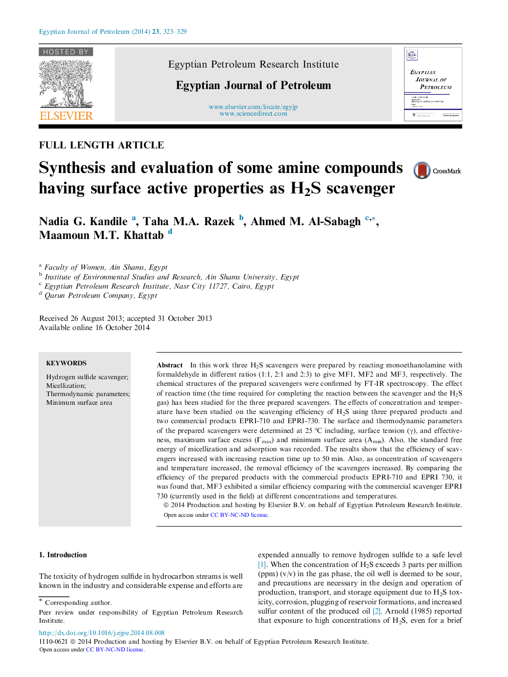 Synthesis and evaluation of some amine compounds having surface active properties as H2S scavenger 