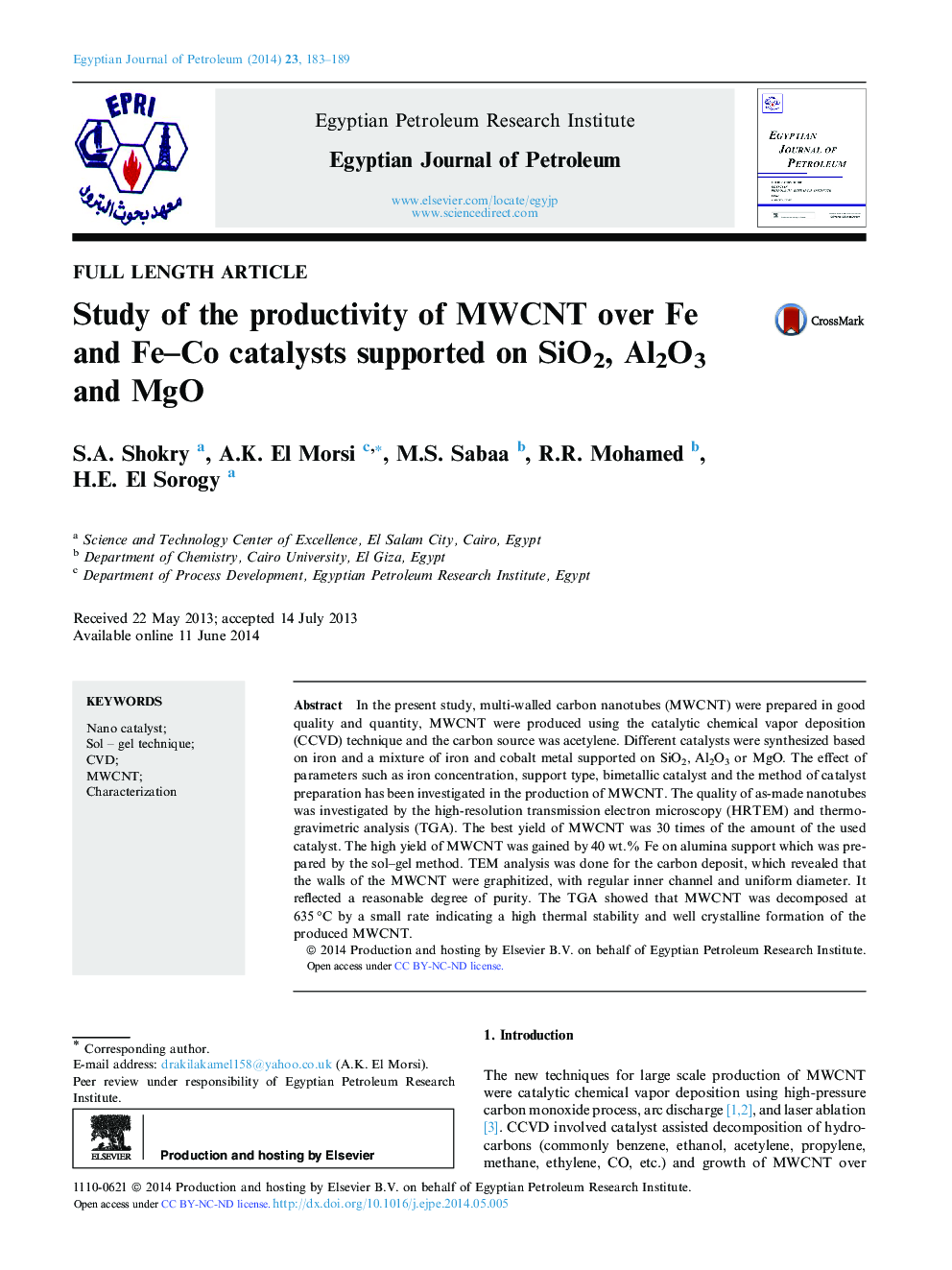 Study of the productivity of MWCNT over Fe and Fe–Co catalysts supported on SiO2, Al2O3 and MgO 