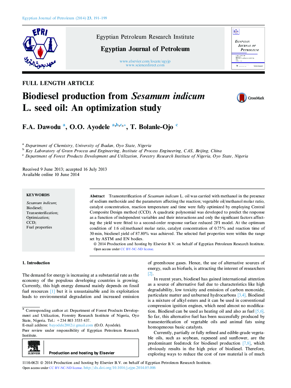 Biodiesel production from Sesamum indicum L. seed oil: An optimization study 