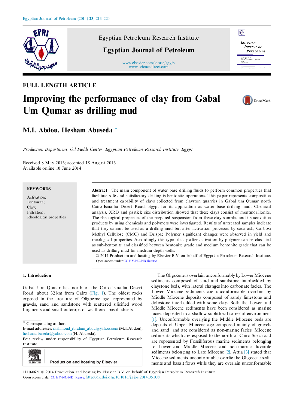 Improving the performance of clay from Gabal Um Qumar as drilling mud 