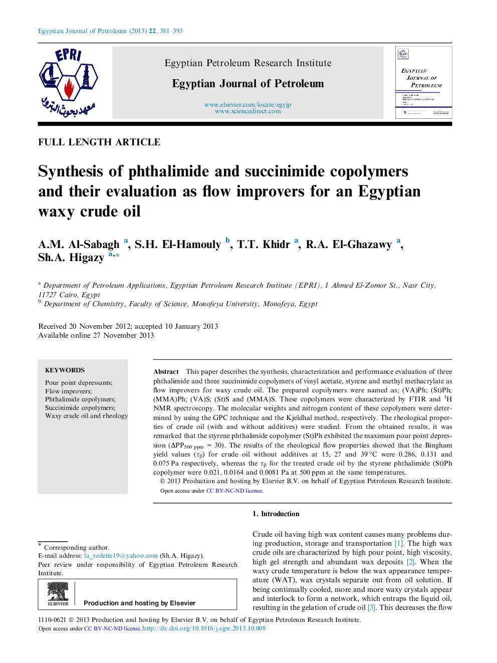 Synthesis of phthalimide and succinimide copolymers and their evaluation as flow improvers for an Egyptian waxy crude oil 