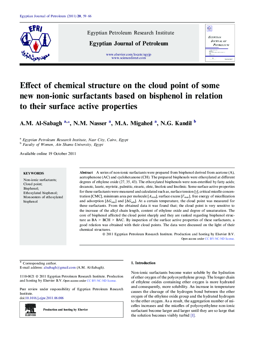 Effect of chemical structure on the cloud point of some new non-ionic surfactants based on bisphenol in relation to their surface active properties