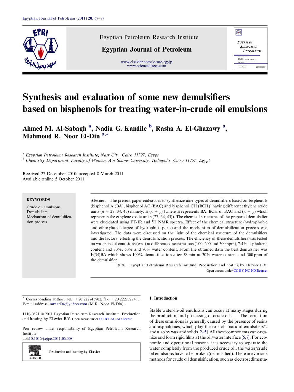 Synthesis and evaluation of some new demulsifiers based on bisphenols for treating water-in-crude oil emulsions