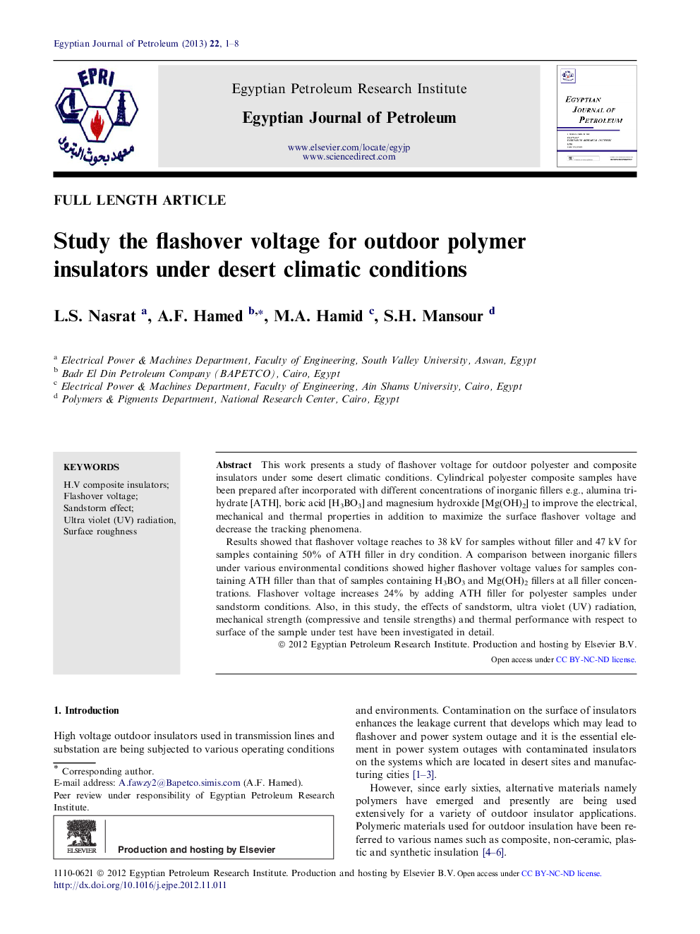 Study the flashover voltage for outdoor polymer insulators under desert climatic conditions 